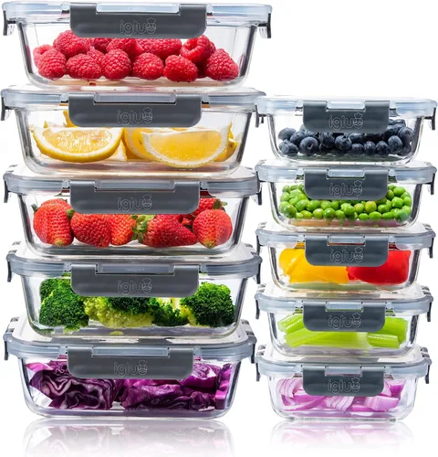 Vista 10 de Igluu Recipientes de vidrio para preparación de comidas con tapas de ventilación (paquete de 5) – 28 onzas (+Extra Lid) – Airtight & BPA-Free