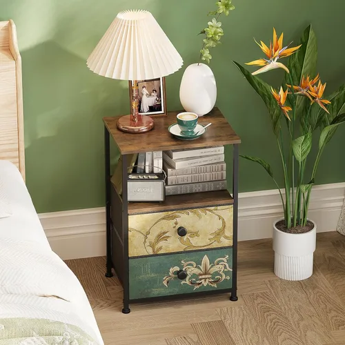 Vista 3 de Tohomeor Mesita de noche con 2 cajones de tela, mesa auxiliar de flores retro con estante de almacenamiento abierto para dormitorio, sala de estar
