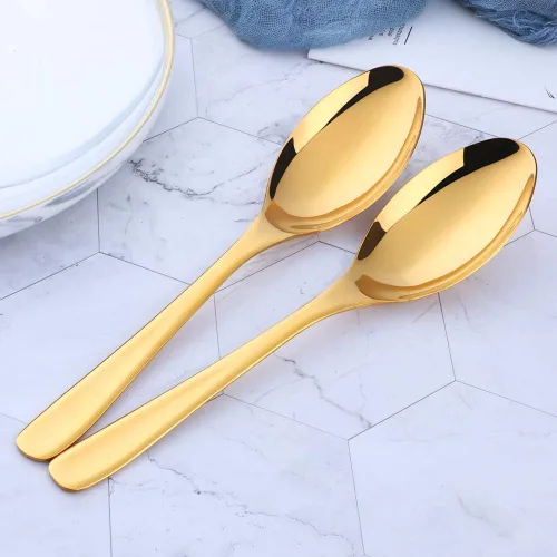 Vista 7 de Bisda Juego de 2 cucharas para servir bufé, acero inoxidable de 10 pulgadas, bañadas en oro, utensilios grandes para ensaladas, aptas