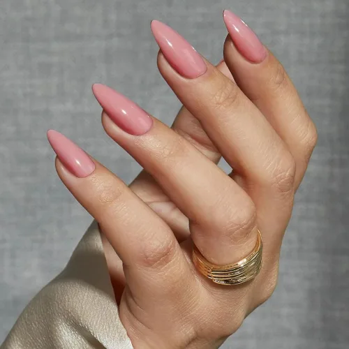 Vista 21 de Uñas postizas de presión con forma de almendra rosa de longitud media estilo stiletto, uñas artificiales de gel suave reutilizables acrílicas