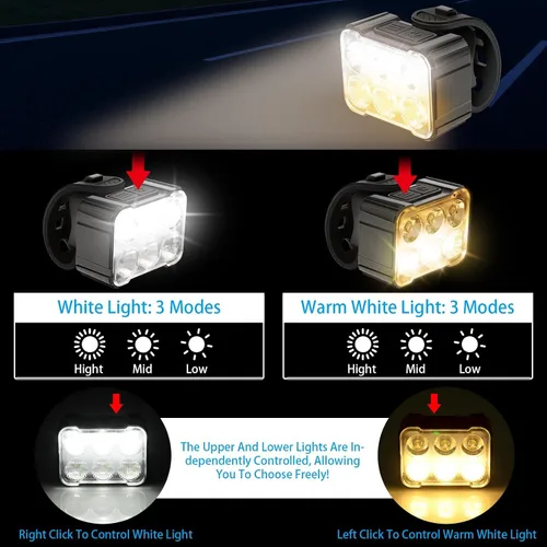 Vista 3 de 2 luces para bicicleta, luces delanteras y traseras, juego de luces de bicicleta recargables por USB, 6+12 modos, luces impermeables IPX4