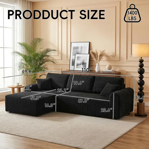 Vista 2 de Sofá modular Cloud de 104 pulgadas con diván en forma de L, sofás tapizados modernos con asiento profundo, sofá comprimido de esponja de pana