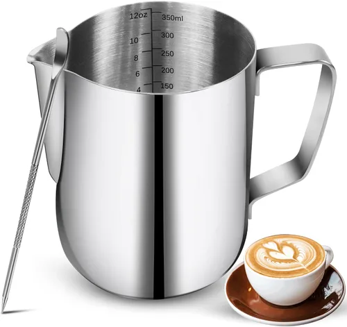 Vista 8 de Jarra de leche espumosa, jarra de leche espumosa de acero inoxidable de 12 onzas / 11.8 fl oz con bolígrafo Latte Art, con medidas internas
