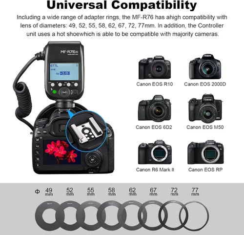 Vista 6 de GODOX Macro Ring Flash para Canon MF-R76C TTL/M Modo CCT 5900K 76Ws 2.4G Control inalámbrico 550 Flashes de potencia completa 0.1-1s Tiempo