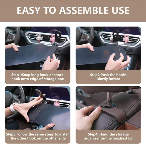 Vista 5 de Organizador de asiento trasero de automóvil con 2 portavasos para bebidas, soporte para pañuelos, ganchos para asiento de automóvil
