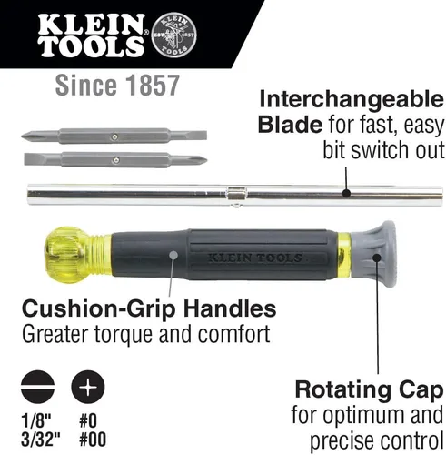 Vista 2 de Klein Tools 32581 Juego de destornilladores electrónicos 4 en 1 con 2 puntas ranuradas, 2 puntas Phillips de precisión mecanizadas, ideal
