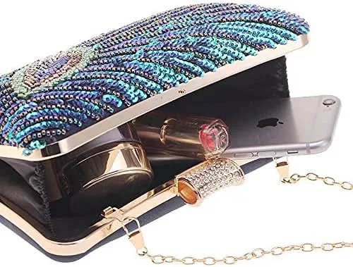 Vista 6 de BWKUNOLF Bolsos de mano de lentejuelas con cuentas de pavo real para fiesta y boda