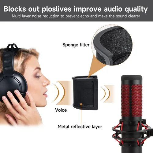 Vista 3 de HyperX QuadCast - Parabrisas con filtro Pop para micrófono, fundas de espuma compatibles con HyperX QuadCast S Mic Reduce los ruidos del micrófono