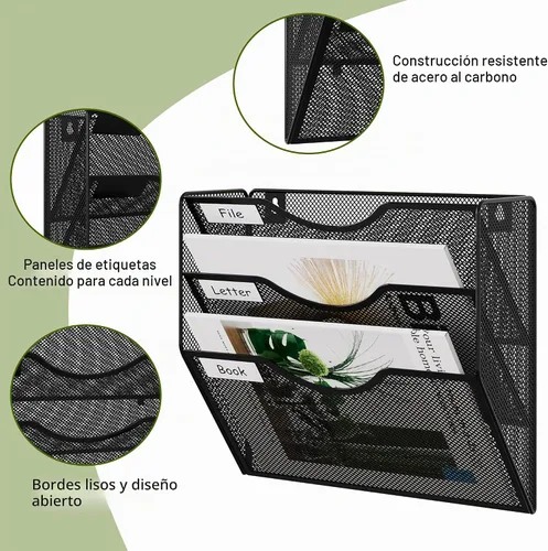 Vista 3 de EasyPAG Office - Carpeta de pared con 3 bolsillos para guardar archivos, organizador de metal para documentos Negro