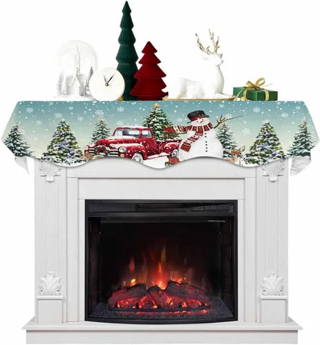 Vista 6 de Daleng Bufanda de repisa de camión de Navidad con muñeco de nieve para chimenea, 60 x 17 pulgadas, árbol de Navidad, copos de nieve, ciervos, verde