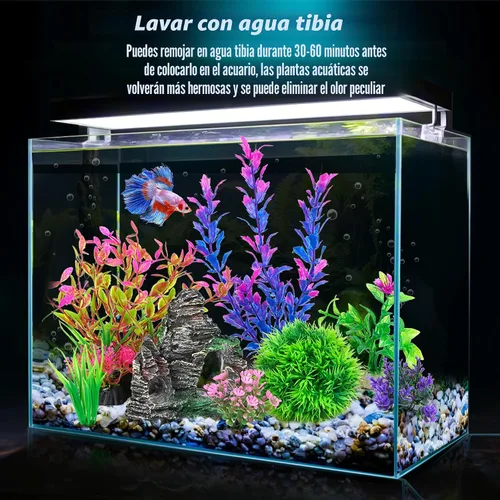 Vista 3 de Ameliade Plantas Artificiales de Plástico para Acuario Decoraciones y Conjunto de Decoración de Cueva de Roca Accesorios para Pecera de Pez Dorado