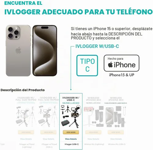 Vista 4 de Kit de vlogging Movo iVlogger para iPhone - Compatible con Lightning, kit de iniciación de YouTube para creadores de contenido - Accesorios: trípode