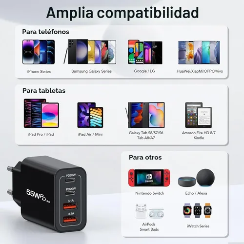Vista 7 de European USB C Charger, 55W 4-Port European Travel Plug Adapter USB C 55W negro