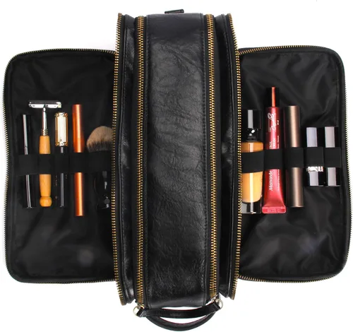 Vista 2 de Neceser de cuero personalizado para hombre, kit de afeitado de viaje, bolsa de cosméticos grande, organizador de baño, Negro