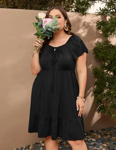 Vista 5 de ShopWonder Vestidos hawaianos de talla grande para mujer, vestido de cuello cuadrado, manga corta, casual, acampanado, vestido de verano