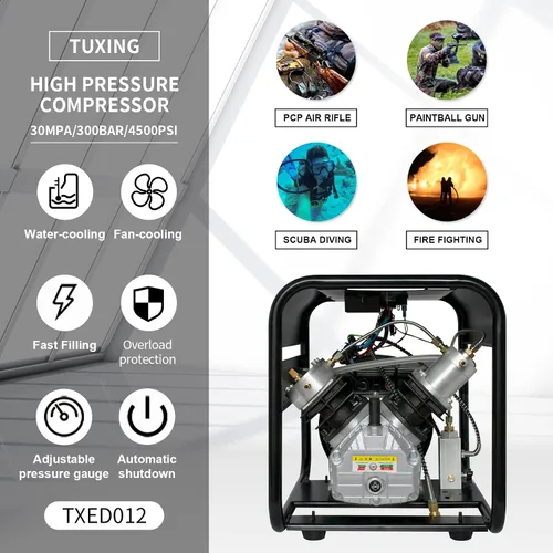 Vista 7 de TUXING Compresor de aire PCP 4500Psi, parada automática, bomba de alta presión de doble cilindro para buceo/tanque de buceo de paintball (TXED012)