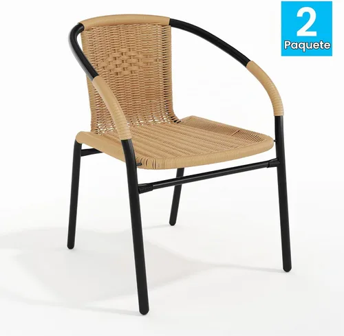 Vista 4 de Flash Furniture Lila Paquete de 2 Sillas Apilables de Ratán Beige para Restaurante Interior-Exterior