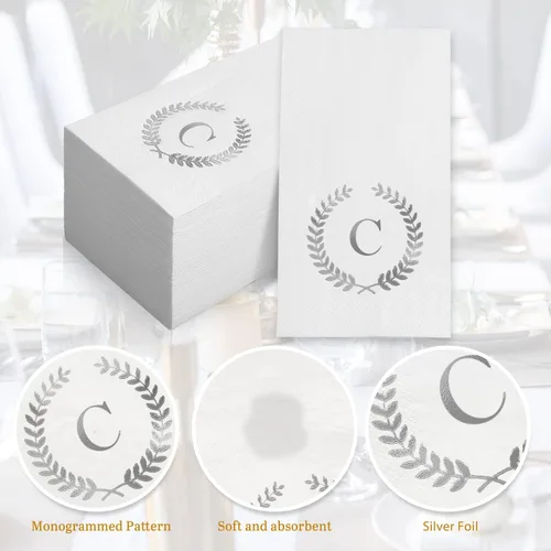 Vista 4 de Paquete de 200 servilletas desechables con monograma de papel de aluminio plateado con letra C para invitados, toallas de papel desechables