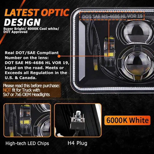 Vista 3 de Z-OFFROAD 2 unids 60W 4x6 LED Faros DOT Aprobado H4656 H4651 H4652 H4666 H6545 Faro rectangular de haz sellado para Freightliner KW Peterbilt