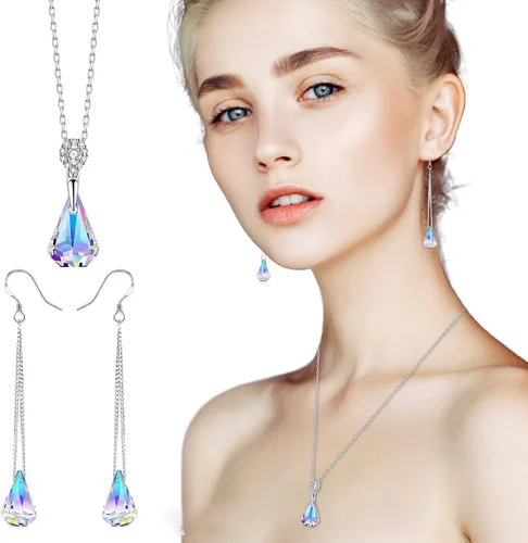 Vista 2 de Conjunto de collar con incrustaciones de moda con adornos en forma de gota para mujer, pendientes transparentes, aretes grandes de oro de moda