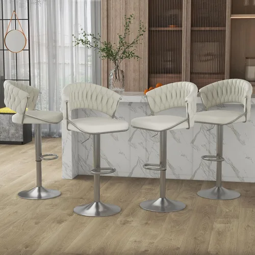 Vista 12 de Juego de 2 taburetes de bar giratorios de 360° con respaldo alto, silla de bar de terciopelo ajustable moderna de altura de mostrador, taburete