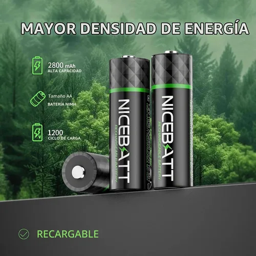 Vista 2 de NICEBATT Pilas recargables AA 2800mAh, batería premium NiMH doble A de baja autodescarga - 8