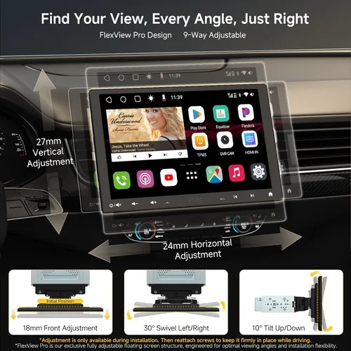 Vista 3 de S8MS 10.1" Android Single DIN & Double DIN Estéreo para coche, con 4G LTE QLED Floating Adjustable Touchscreen, Wireless CarPlay & Android Auto