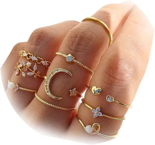 Vista 10 de Anillos Apilables de Oro para Mujeres Rellenos de Medias Navideñas para Adolescentes Conjunto de Anillos de Hoja de Perla Circonita Cúbica Corazón A