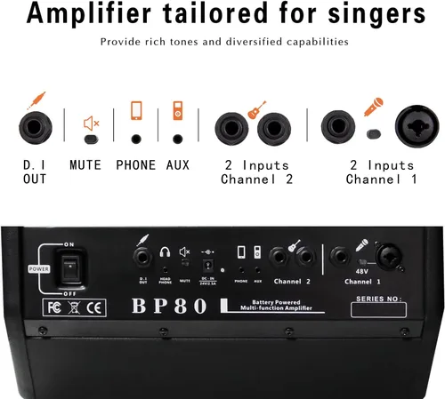 Vista 4 de Coolmusic BP80 amplificador a batería para guitarra acústica - altavoz Bluetooth portátil 100W, 6 entradas, ecualizador de 3 bandas, negro