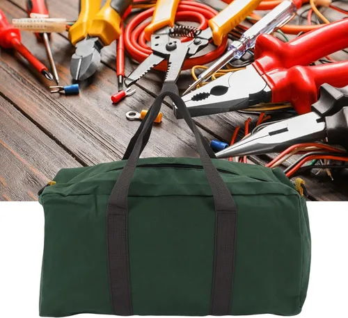 Vista 6 de Bolsa de herramientas portátil de lona de boca ancha de gran capacidad, bolsa de herramientas de mano con cremallera extra larga, bolsa