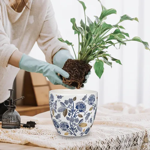 Vista 4 de Macetas decorativas azules y blancas, macetas de cerámica con acento dorado para plantas de interior, macetas con drenaje, maceta retro para floral