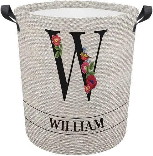 Vista 10 de Cesta de lavandería con inicial floral personalizada, monograma, nombre personalizado, flores y pájaros, cesta de ropa plegable de tela, caja