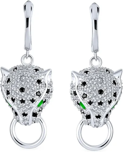 Vista 2 de Estate Art Deco Style Animal Spotted Black White Cat Green Eye Cubic Zirconia CZ Panther Earrings Pendant Necklace Cocktail Jewelry Set For Women
