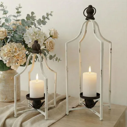 Vista 8 de Juego de 2 faroles decorativos atemporales de 12.5 y 16.5 pulgadas, portavelas de hierro de metal hechos a mano, elegancia de granja, chimenea