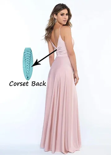 Vista 2 de Dymaisei Vestidos de fiesta de satén brillante, tirantes delgados, vestidos de dama de honor, cuello en V, vestido de fiesta formal con abertura