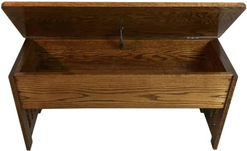 Vista 3 de RRD Banco de almacenamiento de madera, banco de entrada estilo misión con tapa abatible, banco de comedor de madera de roble macizo con listones