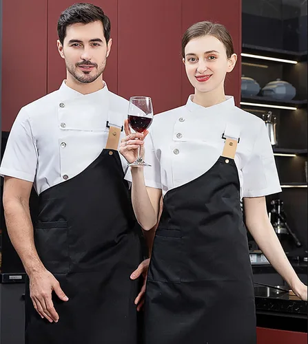 Vista 2 de Chaqueta de chef de moda para hombre, transpirable, con ventilación oculta, uniforme de chef (abrigo + delantal)
