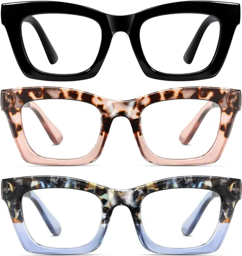Vista 13 de Paquete de 3 anteojos de lectura con bloqueo de luz azul, marco grueso para Negro+negro rosa+rosa leopardo