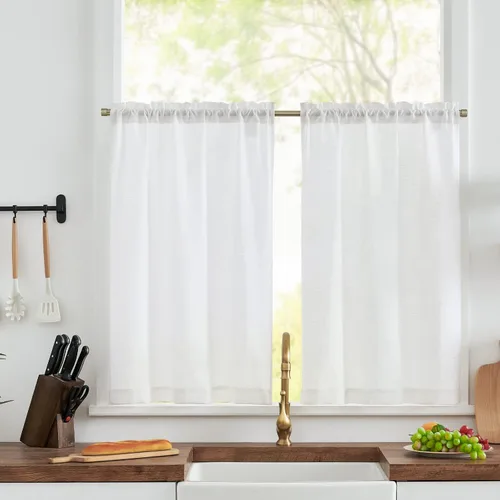Vista 23 de Jinchan - Cortinas de cocina de lino rústico beige con bolsillo para barra, 26 x 36 pulgadas, 2 paneles