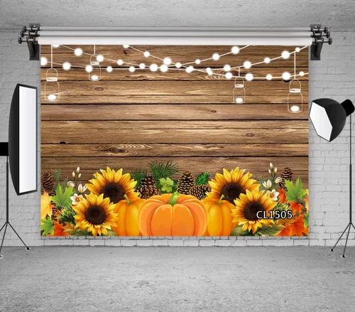 Vista 2 de LB Telones de fondo de Acción de Gracias para fotografía, cosecha, calabaza, girasoles de pino, madera rústica, fondo de fotos, pancarta de fiesta
