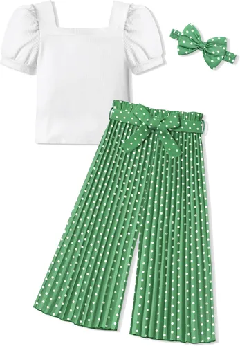 Vista 53 de DONWEN Conjunto de 3 piezas de ropa para niñas pequeñas y niñas con cuello cuadrado + pantalones elegantes + diadema para primavera y verano
