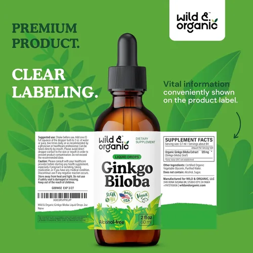 Vista 9 de Wild & Organic Tintura de ginkgo biloba, apoyo para el cerebro y la concentración con suplemento de hoja de ginkgo, tintura de extracto de hierbas