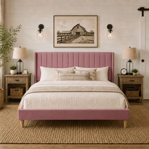 Vista 29 de Upholstered Bed Frame with Wingback Headboard and Wood Slats (Beige-Linen, Twin)