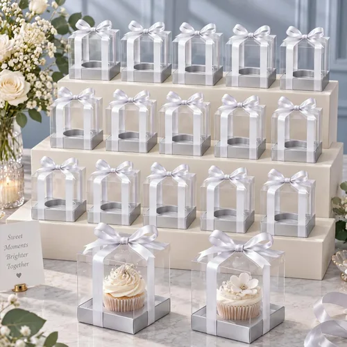 Vista 8 de Gerrii 100 Piezas Cajas Individuales de Plástico Transparente para Cupcakes de 3.5" Contenedores Individuales para Cupcakes Caja de Regalo de Dorado