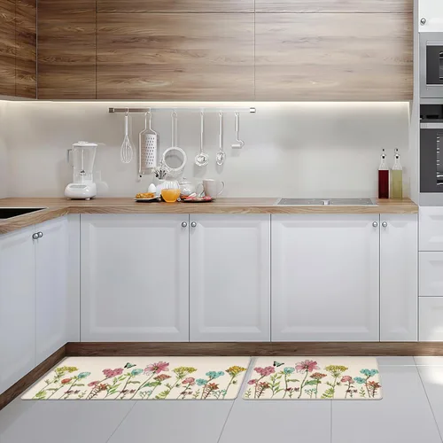 Vista 6 de Tapetes de cocina para piso, 2 piezas, color crema, flores coloridas, mariposas, tapetes de cocina para frente del fregadero, alfombras de cocina
