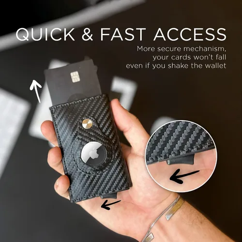 Vista 4 de Cartera para hombre Tarjetero de fibra de carbono y llavero AirTag de metal, billetera delgada, cierre magnético y seguridad RFID, Fibra de carbono