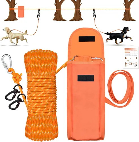 Vista 8 de Cable de amarre mejorado para perros para campamento, sistema de carrito portátil de 100 pies para 2 perros, sistema de enganche para perros Azul