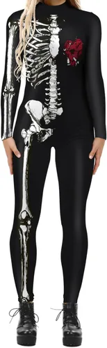 Vista 8 de Disfraz de esqueleto de calavera para mujer, overol de una pieza para Halloween 3D printed skull skeleton robot costume, Back zipper closure