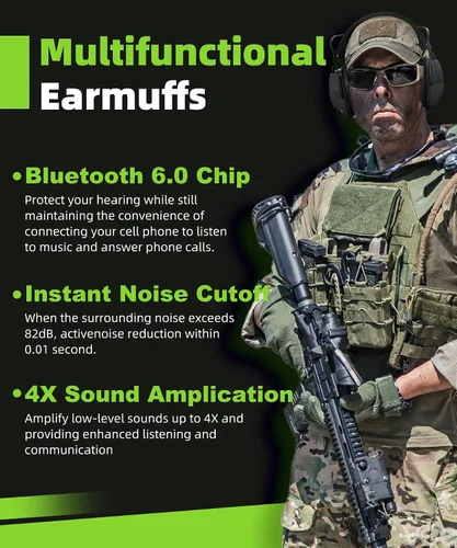 Vista 2 de ZOHAN 035 Orejeras de protección auditiva Bluetooth 5.4 para tiro con cancelación activa de ruido y amplificación de sonido, NRR 22dB para campo