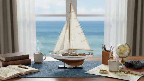 Vista 5 de Maqueta de velero de madera con acabado antiguo en marfil de Sailingstory para decoración náutica